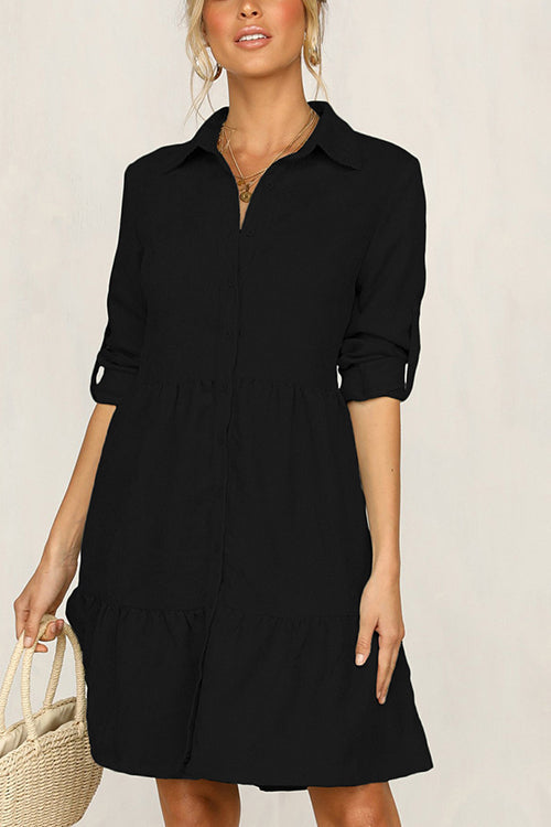 Veleaee Rolled Up Sleeve Button Down Ruffle Dress