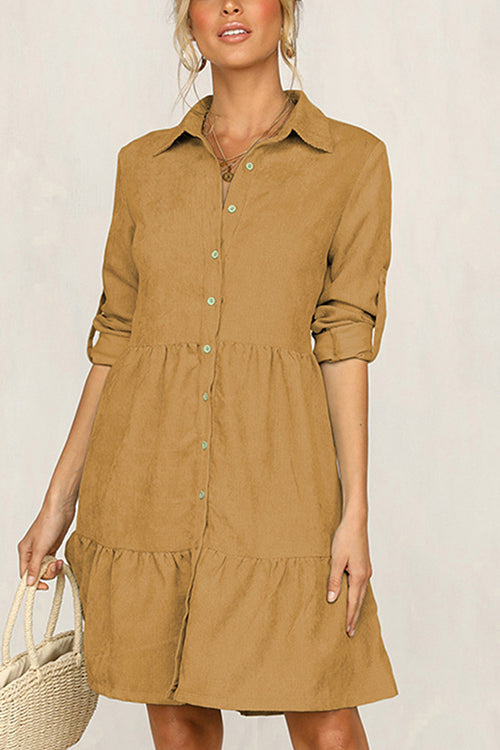 Veleaee Rolled Up Sleeve Button Down Ruffle Dress