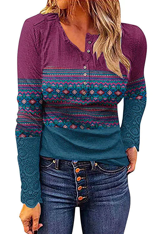 Veleaee V Neck Buttons Printed Bottoming Shirt