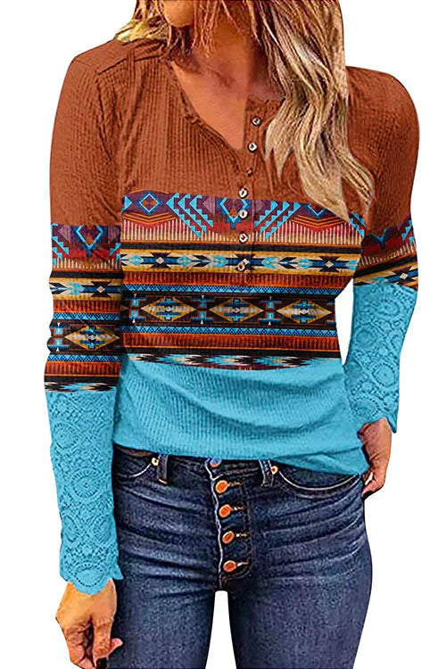 Veleaee V Neck Buttons Printed Bottoming Shirt