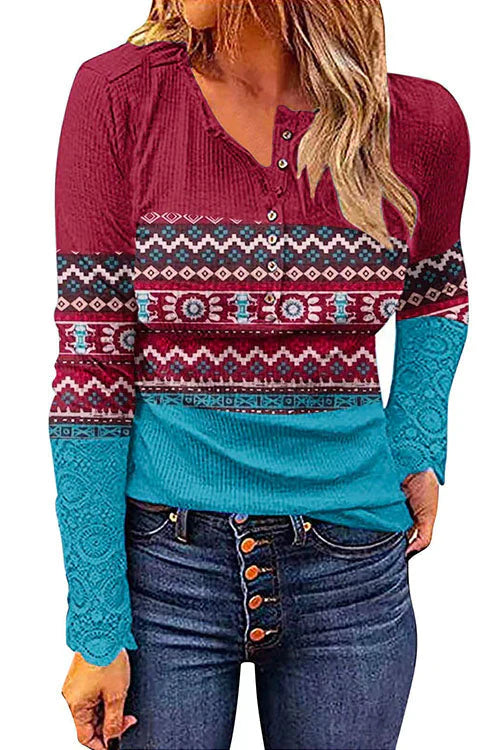 Veleaee V Neck Buttons Printed Bottoming Shirt