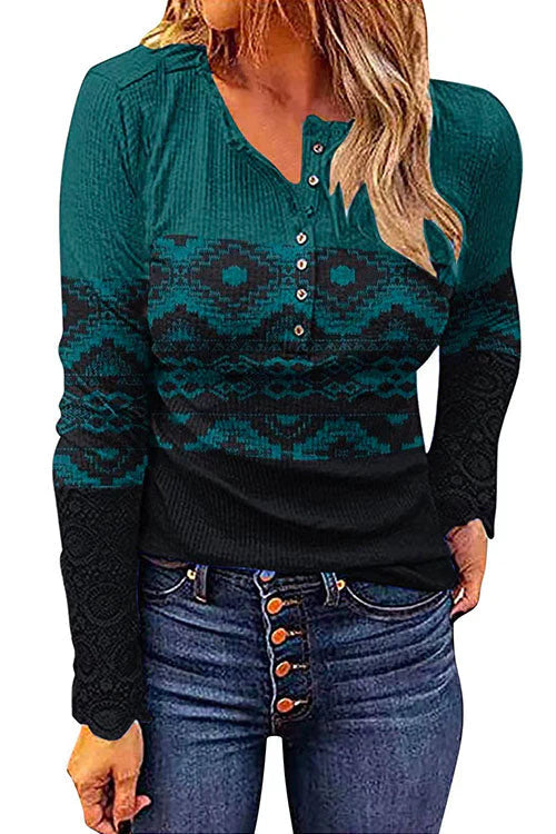 Veleaee V Neck Buttons Printed Bottoming Shirt