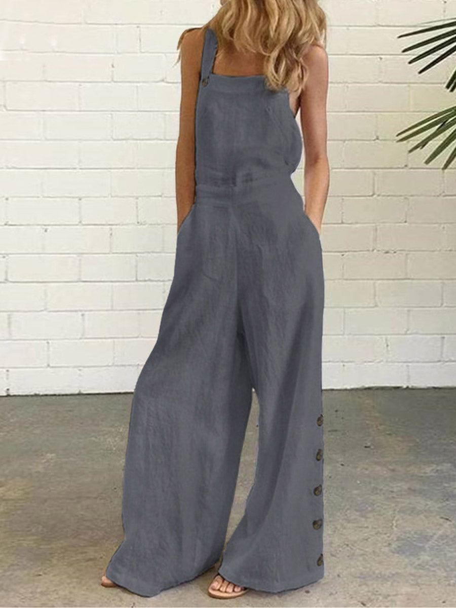 Veleaee Casual Solid Buckle Square Collar Regular Jumpsuits(5 Colors)