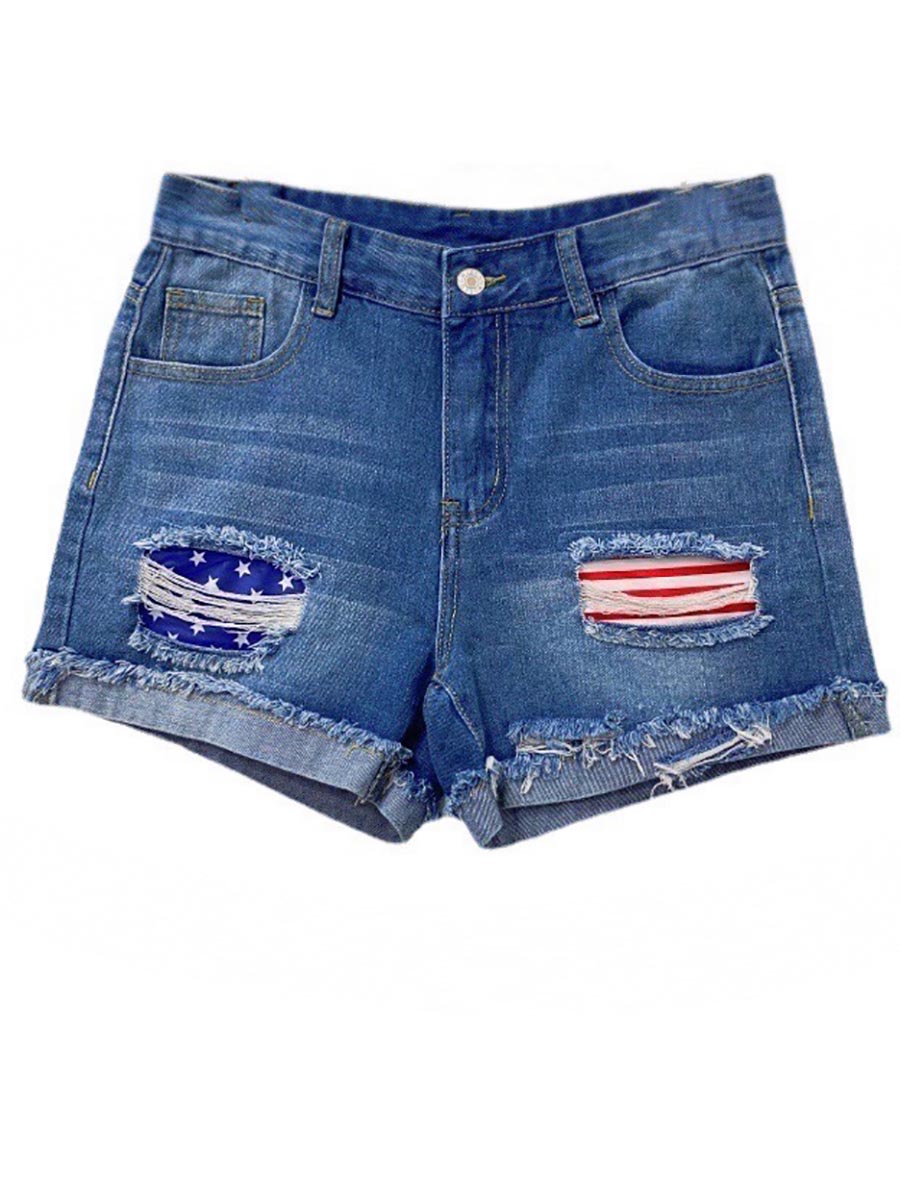 Veleaee National Flag Torn Denim Shorts