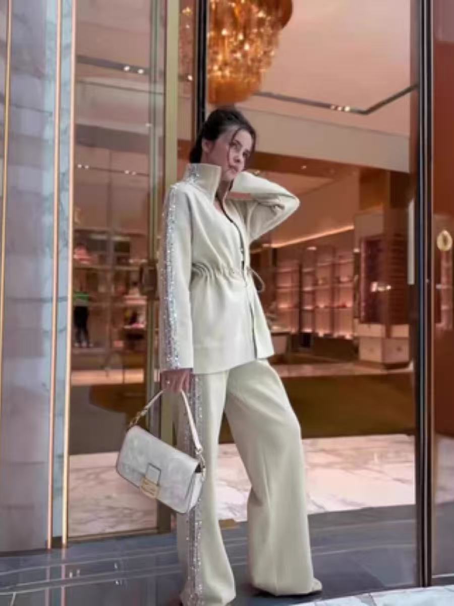 Veleaee Elegant Sequin-Trimmed Top and Wide-Leg Pants 2-Piece Set