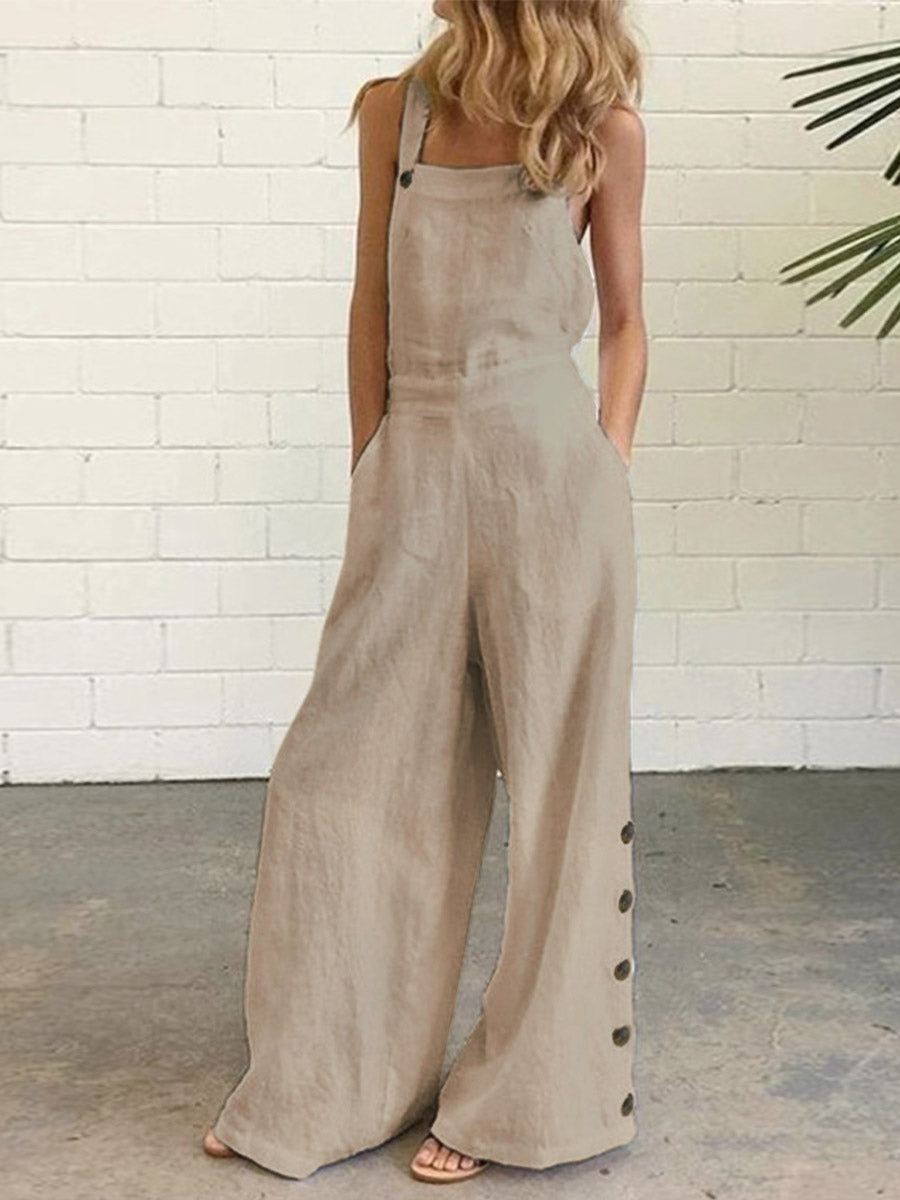 Veleaee Casual Solid Buckle Square Collar Regular Jumpsuits(5 Colors)