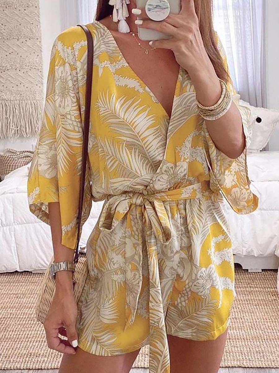 Veleaee Plant Print Bat Sleeve Kimono Romper