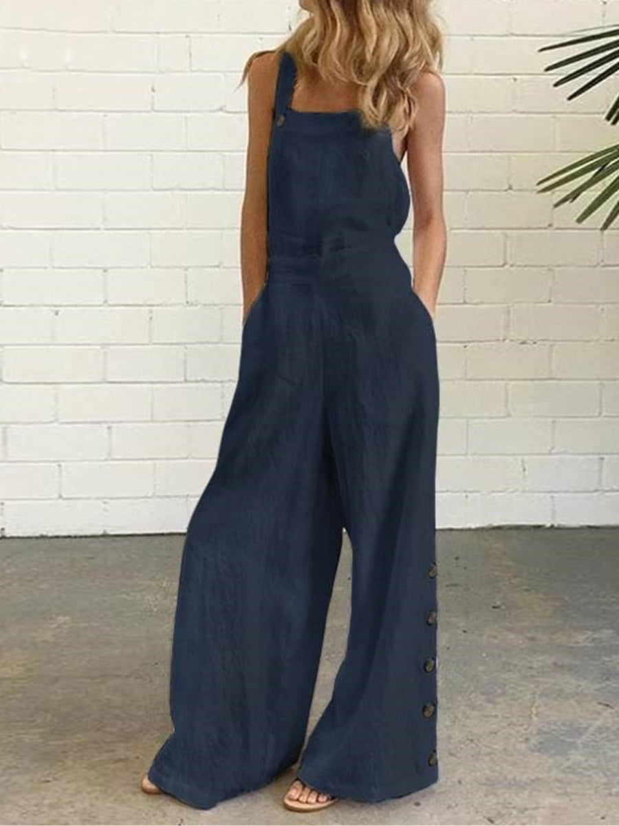 Veleaee Casual Solid Buckle Square Collar Regular Jumpsuits(5 Colors)