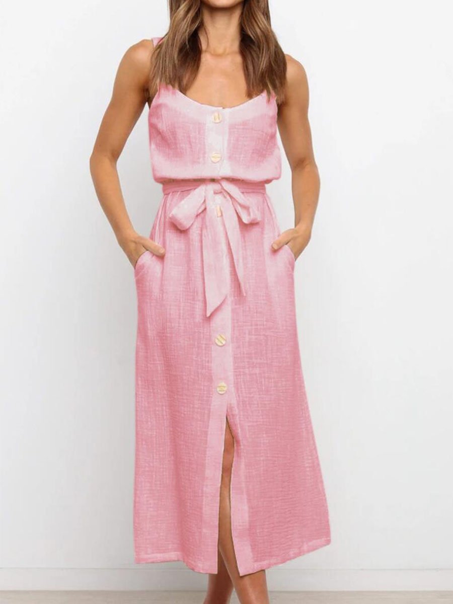 Veleaee Button Slit Belt Dress