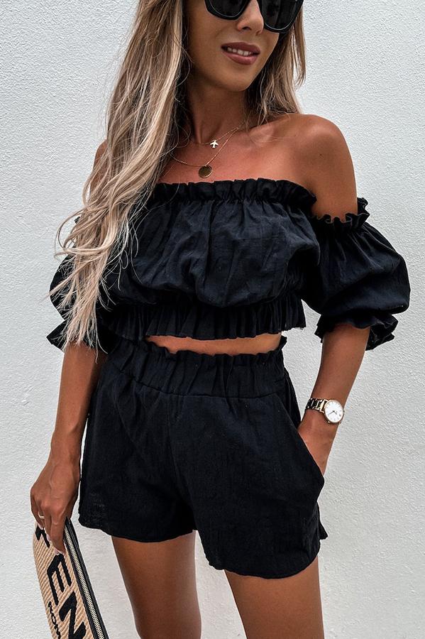 Veleaee Summer Off Shoulder Linen Shorts Suit