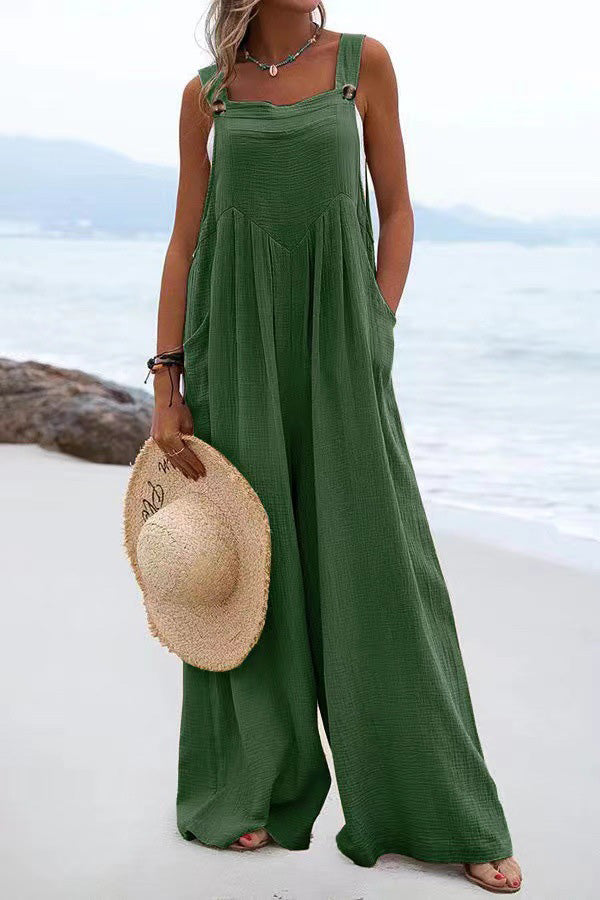 Veleaee Ethnic Button Suspender Wide Leg Line Jumpsuit