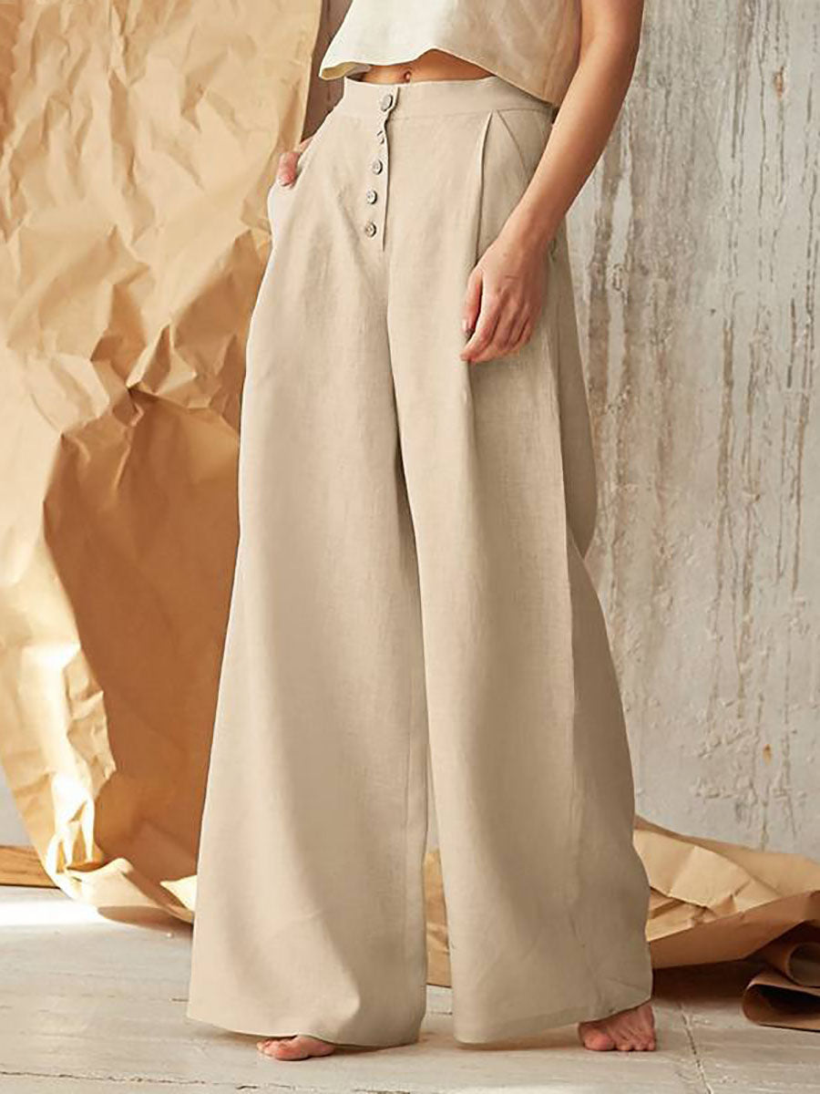 Veleaee Solid Color High Waist Casual Button Wide Leg Pants