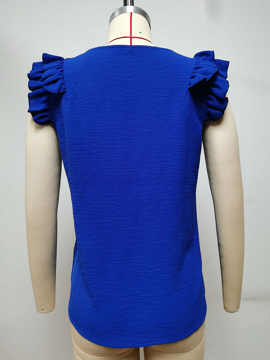 Veleaee Casual V-Neck Ruffle Sleeveless Shirt (5 Colors)