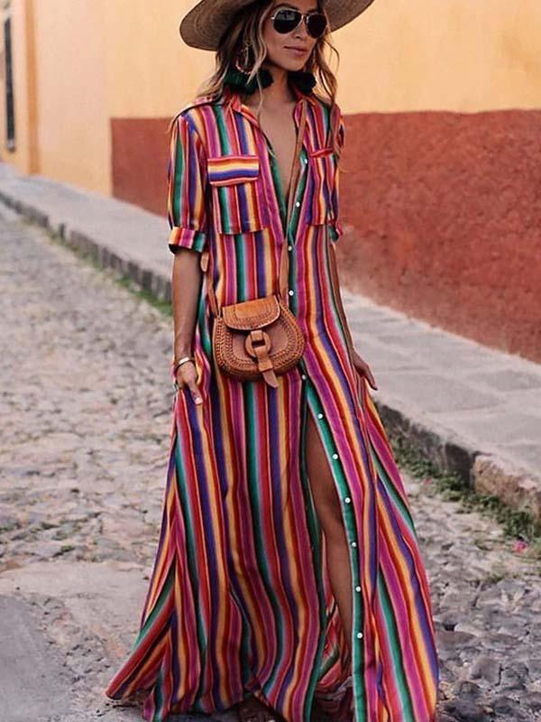 Veleaee Bohemian Multicolor Striped Dress