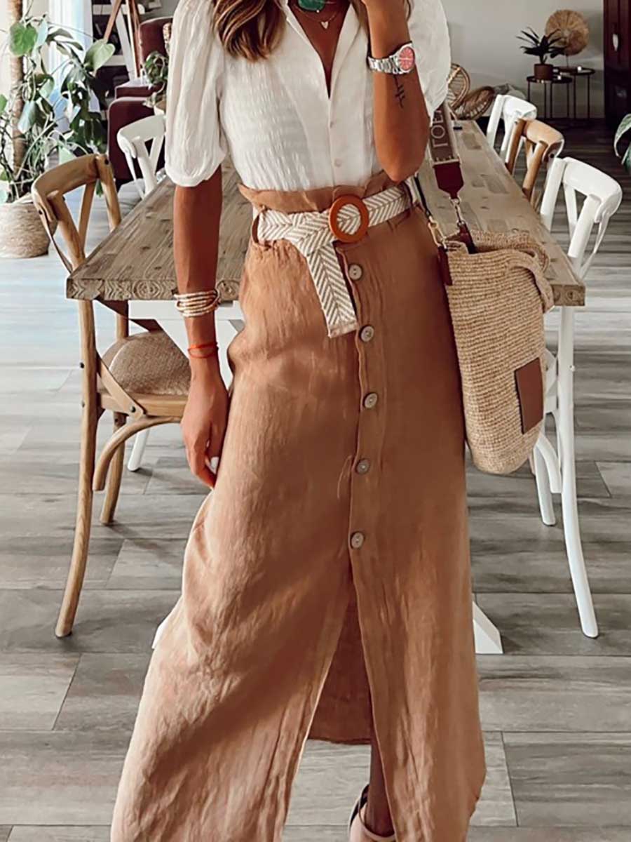 Veleaee Cotton Linen Button Half Skirt