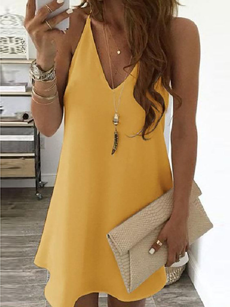 Veleaee Solid V Neck Sleeveless Mini Dress