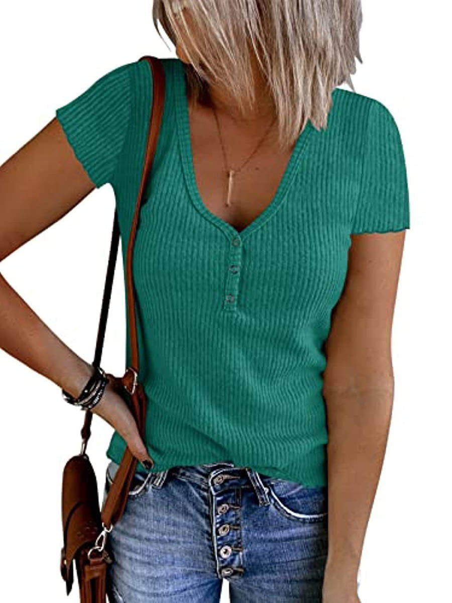 Veleaee Solid Color V-Neck Short Sleeve T-Shirt(7 colors)