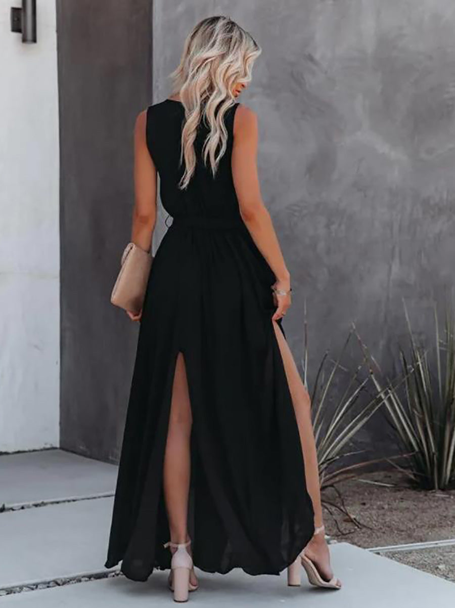 Veleaee V-Neck Sleeveless Solid Color Dress