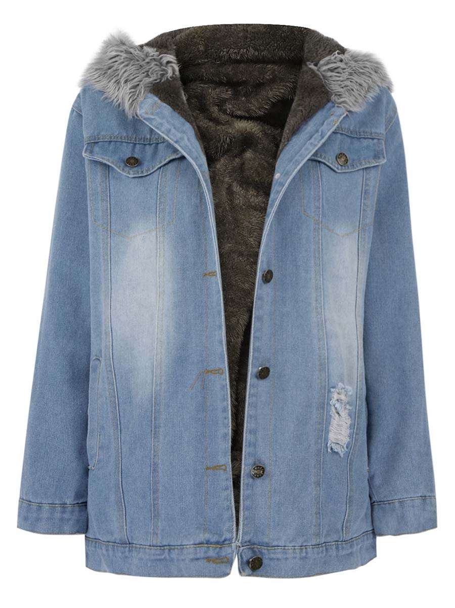 Veleaee Padded Warm Hole Large Fur Collar Denim Jacket(4 colors)