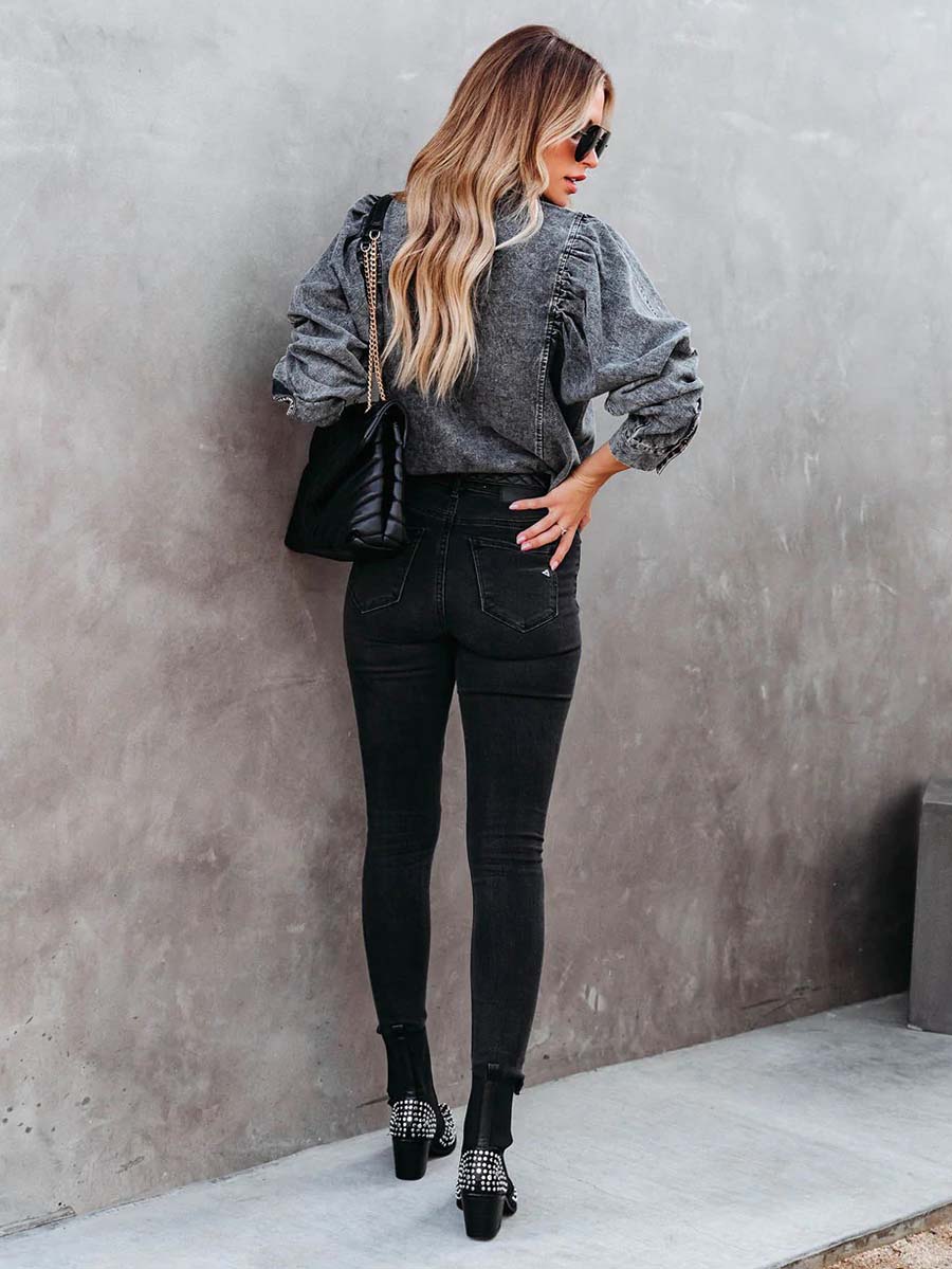 Veleaee Casual Fashion Loose Long Sleeve Denim Shirt