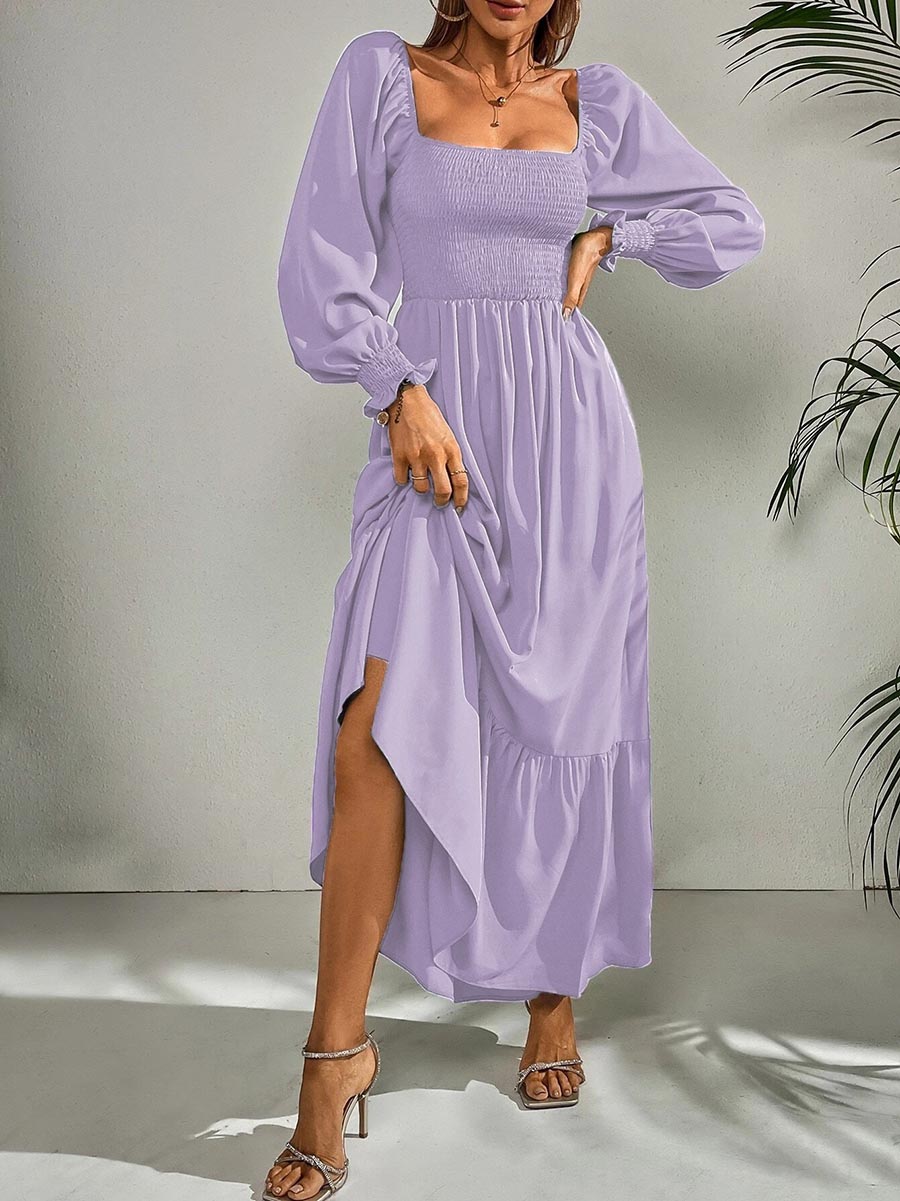 Veleaee Square Neck Long Sleeve Ruffle High Waist Dress (5 colors)
