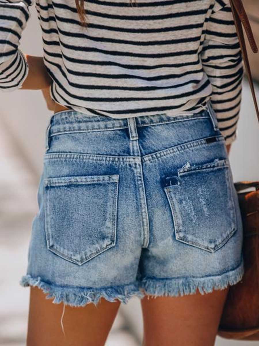 Veleaee Buttons Fringed Jeans Shorts