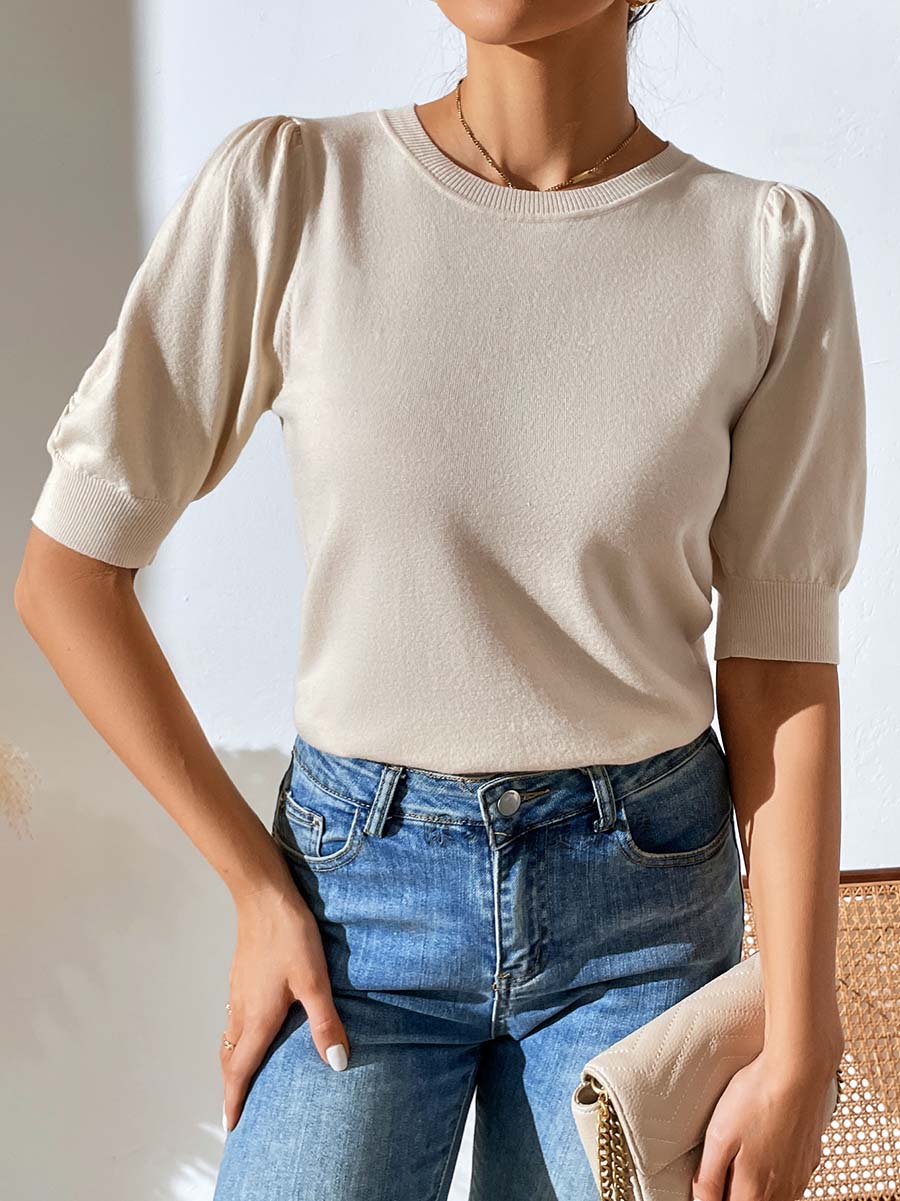 Veleaee Round Neck Pleated Short Sleeve Solid Color Knit (5 colors)