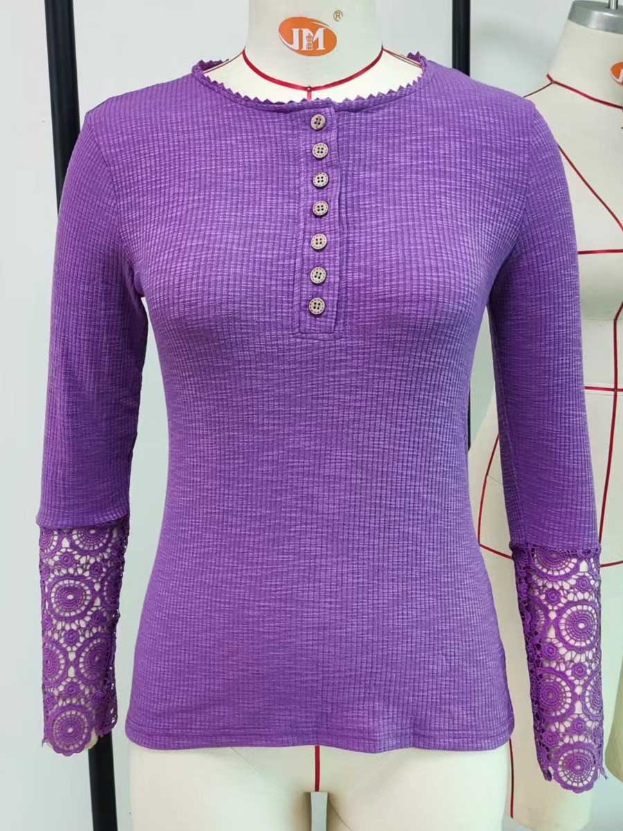 Veleaee Round Neck Stitching Lace Long Sleeve T-Shirt(14 colors)