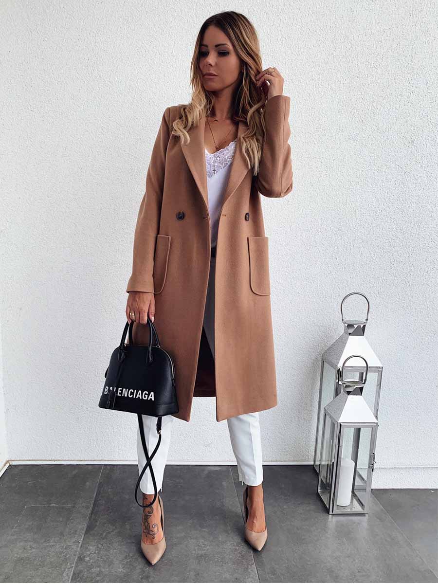 Veleaee Lapel Pocket Woolen Coat