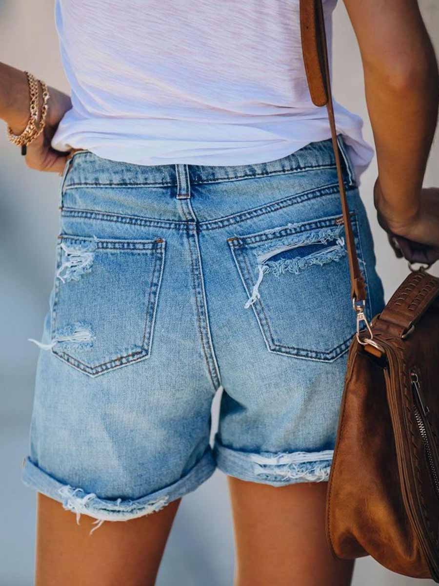 Veleaee Ripped Holes Jean Shorts