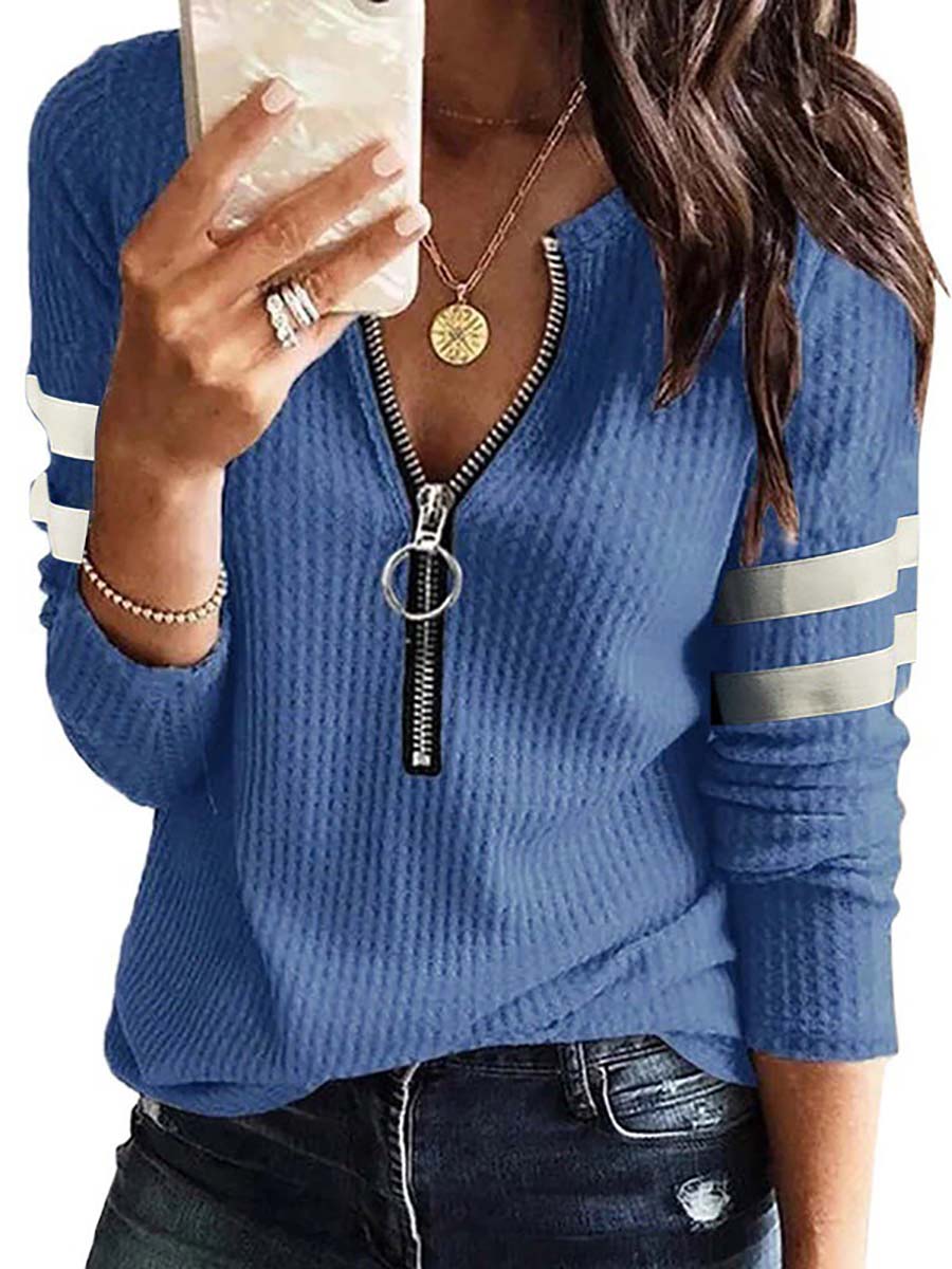 Veleaee V-Neck Zipper Splicing Long Sleeve T-shirt(6 colors)