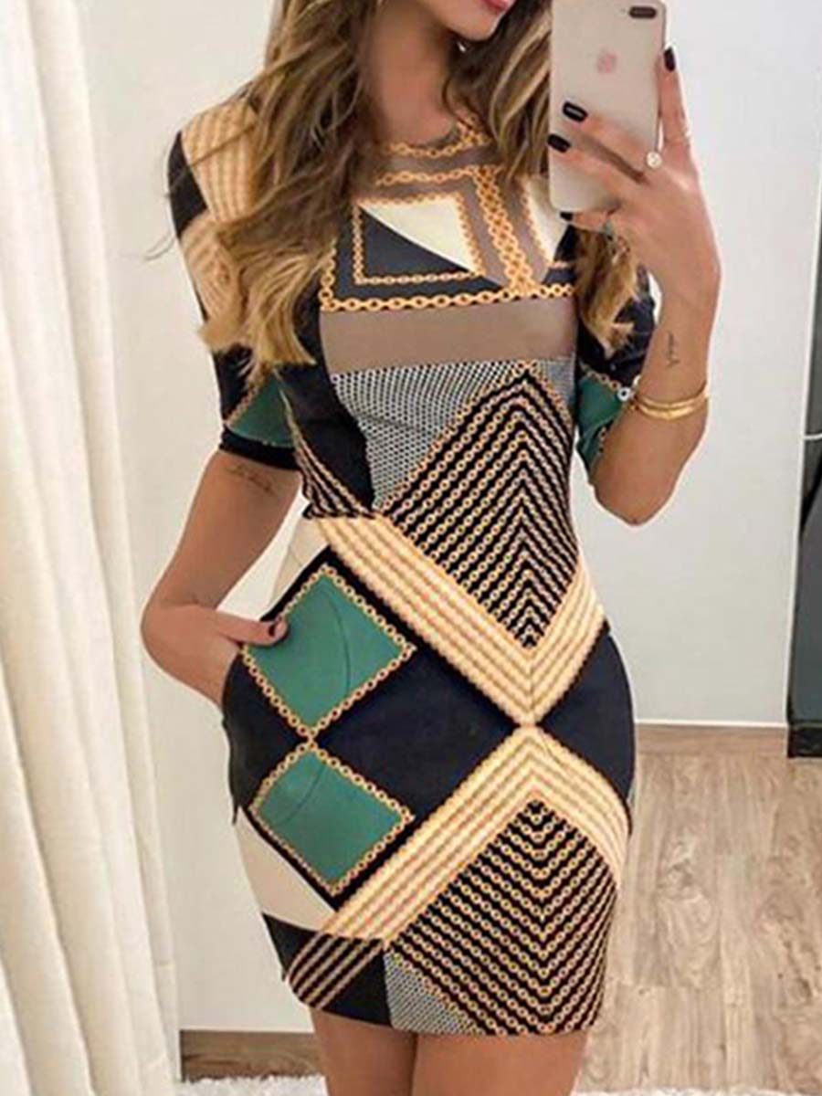 Veleaee Slim Printed Dress With Pocket