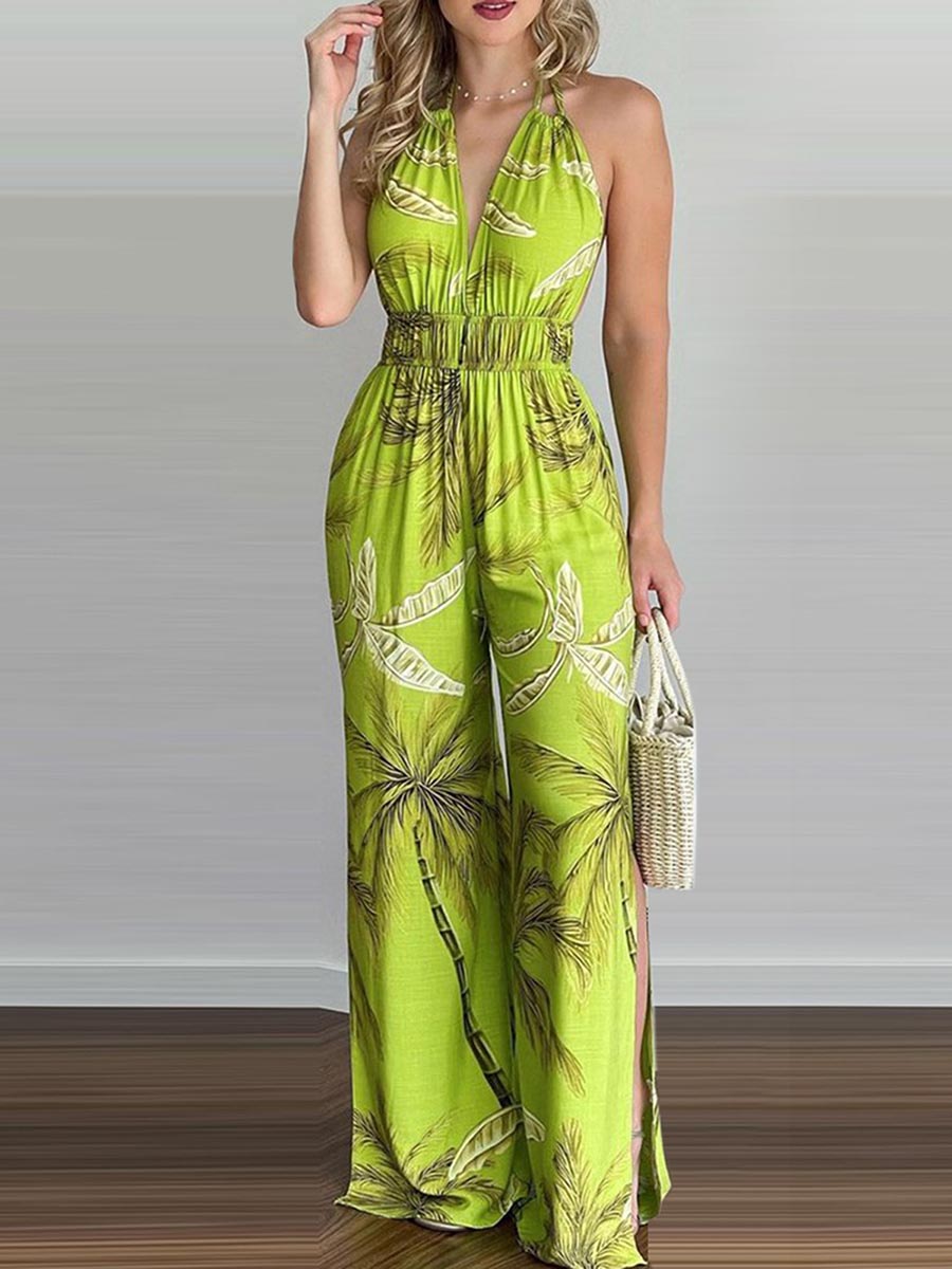 Veleaee Printed Hanging Neck Sexy Backless Split Jumpsuit