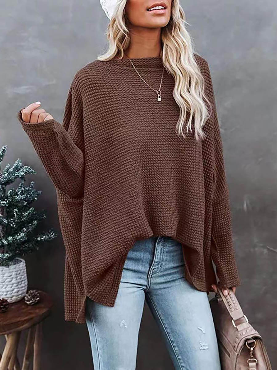 Veleaee Solid Color Knitted Bat Long Sleeve Sweater