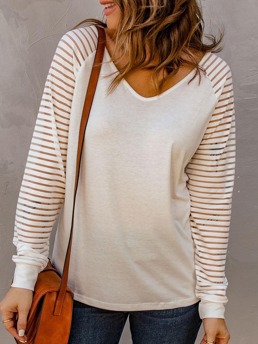 Veleaee Hollow Striped Long Sleeve V-Neck Top(6 colors)