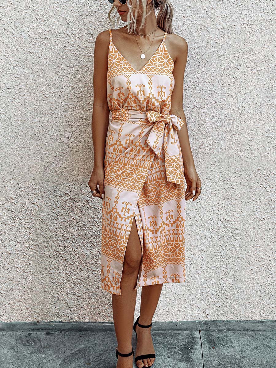 Veleaee Print Dress With Belts