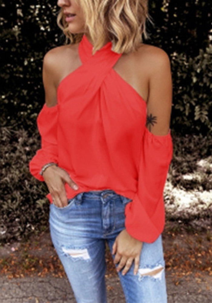 Veleaee Criss Cross Halter Solid Sleeveless Top