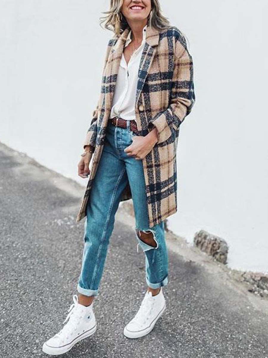 Veleaee Loose Plaid Wool Coat