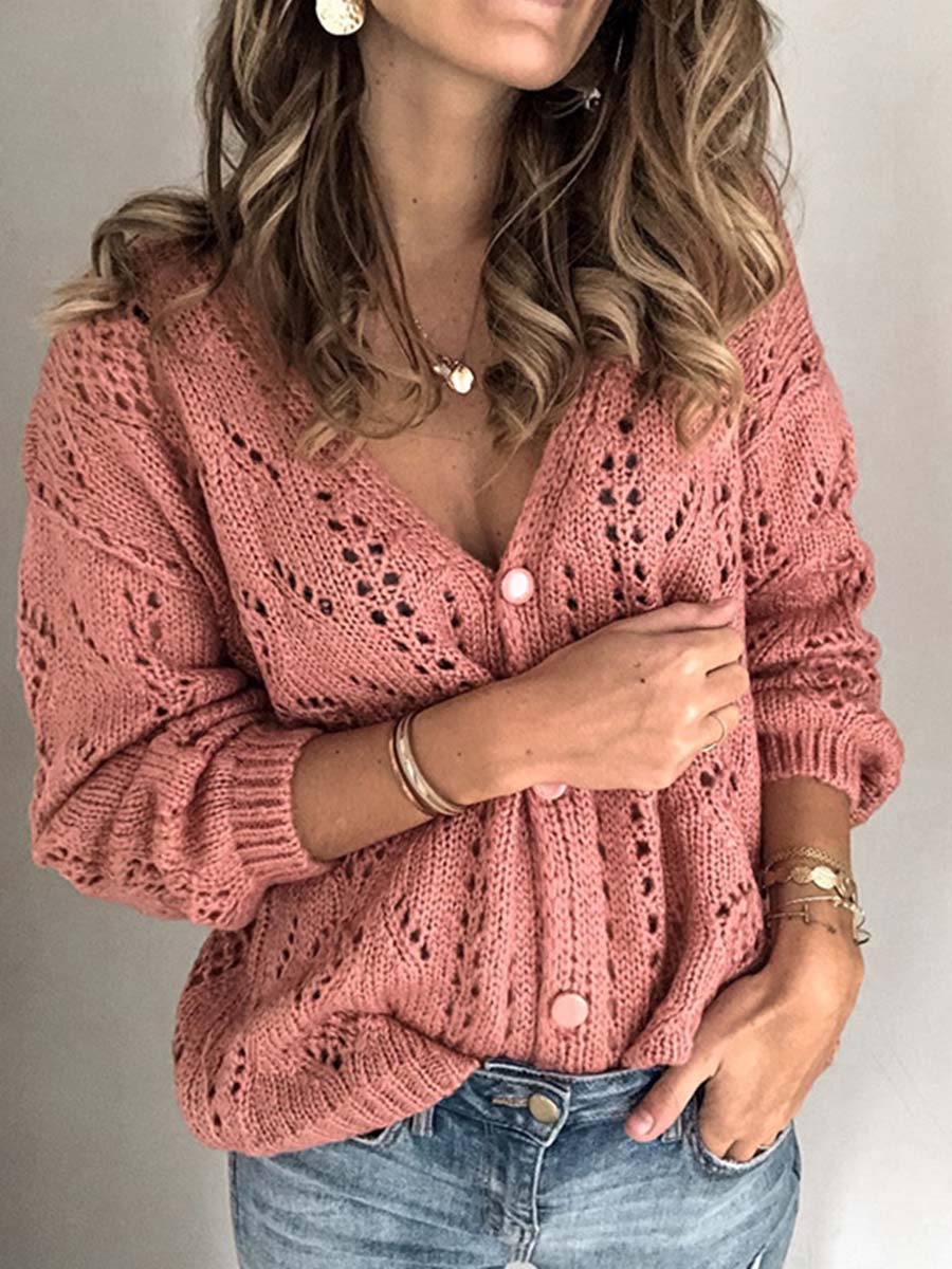 Veleaee Hollow V-Neck Knit Cardigan