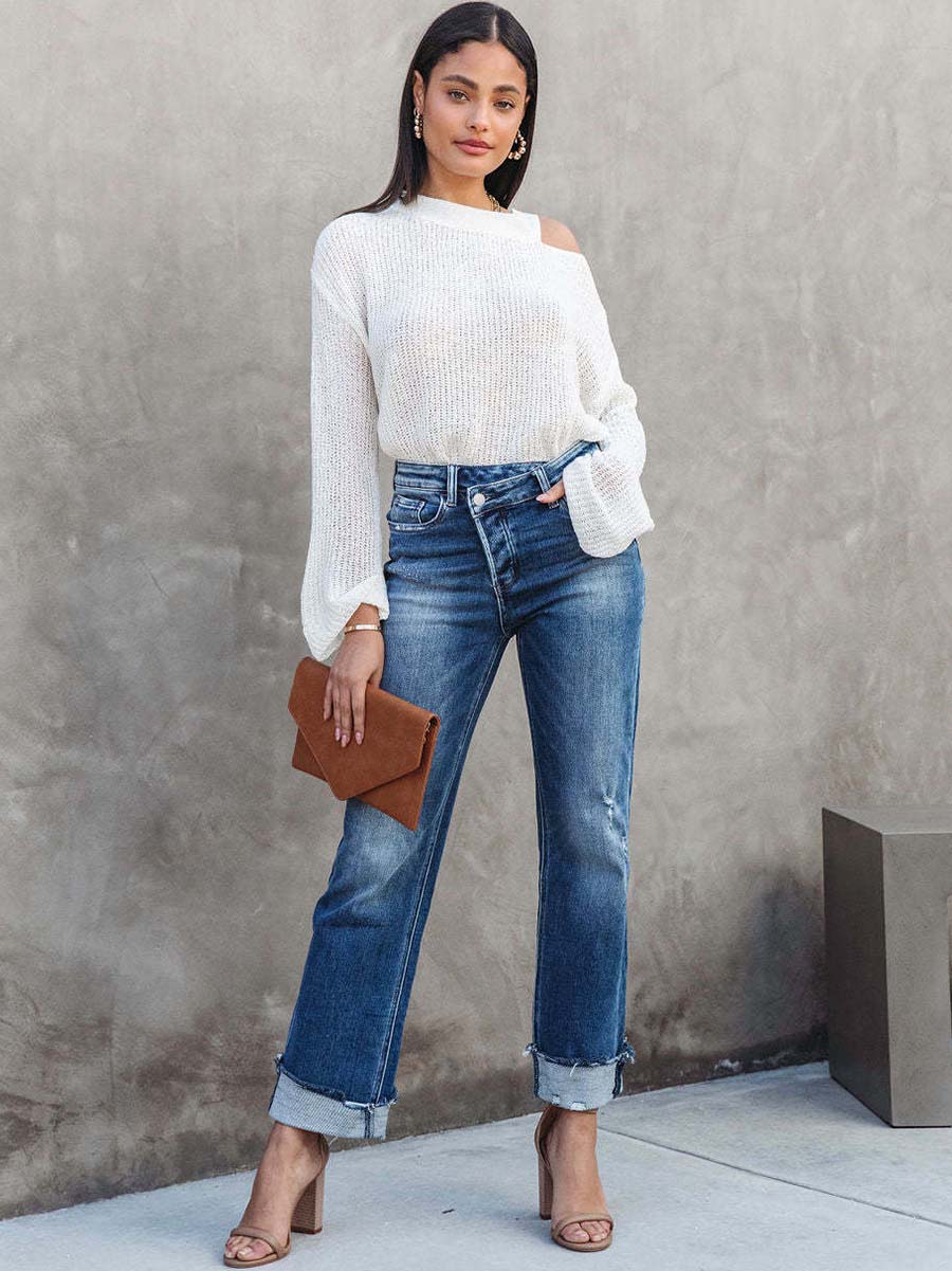 Veleaee Casual Street Solid Make Old Asymmetrical Straight Denim Jeans