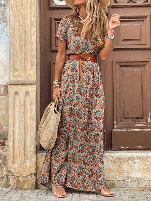 Veleaee Boho Style V-neck Floral Belt Dress (7 colors)