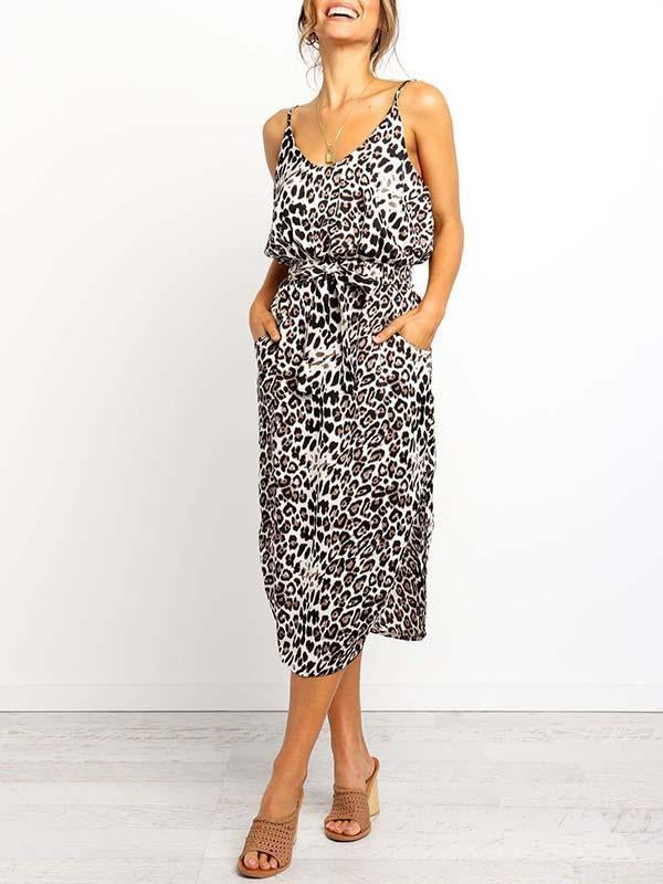 Veleaee Leopard Slit Dress With Pocket