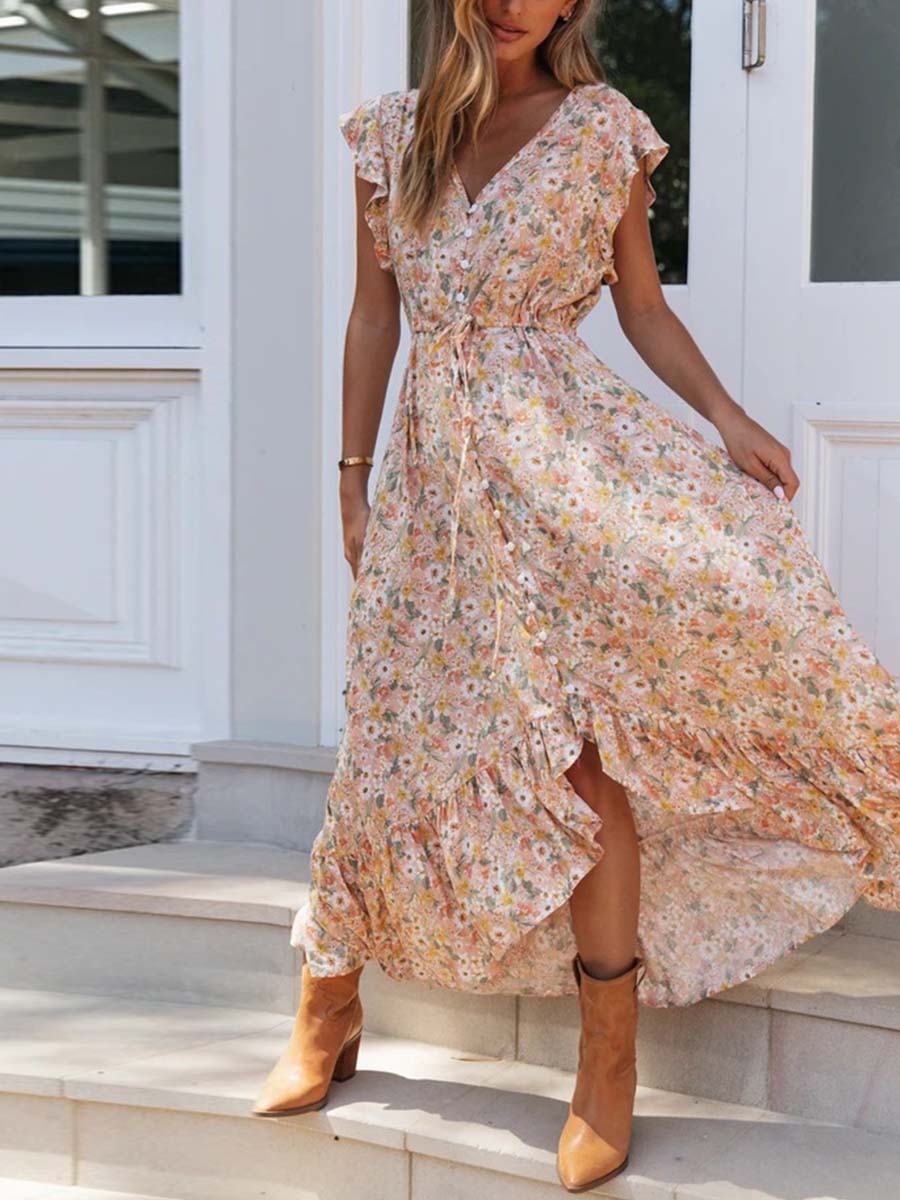 Veleaee V-neck Print Irregular Dress