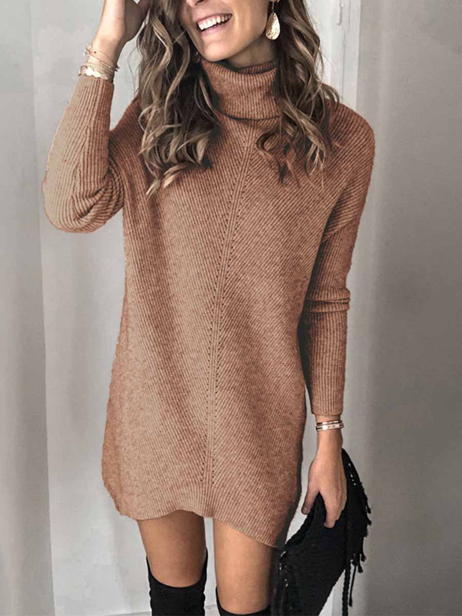 Veleaee Casual Turtleneck Midi Dress