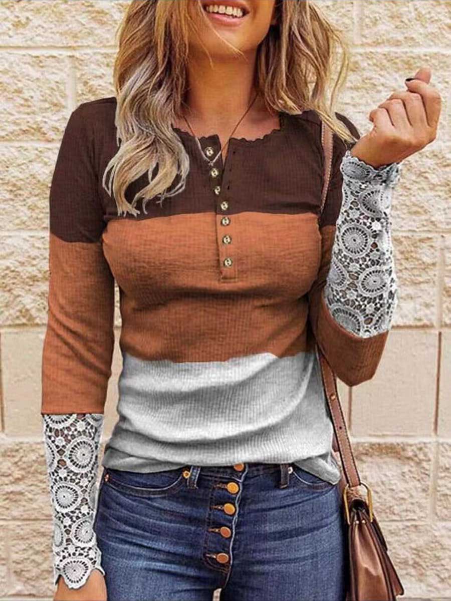 Veleaee Round Neck Stitching Lace Long Sleeve T-Shirt(14 colors)