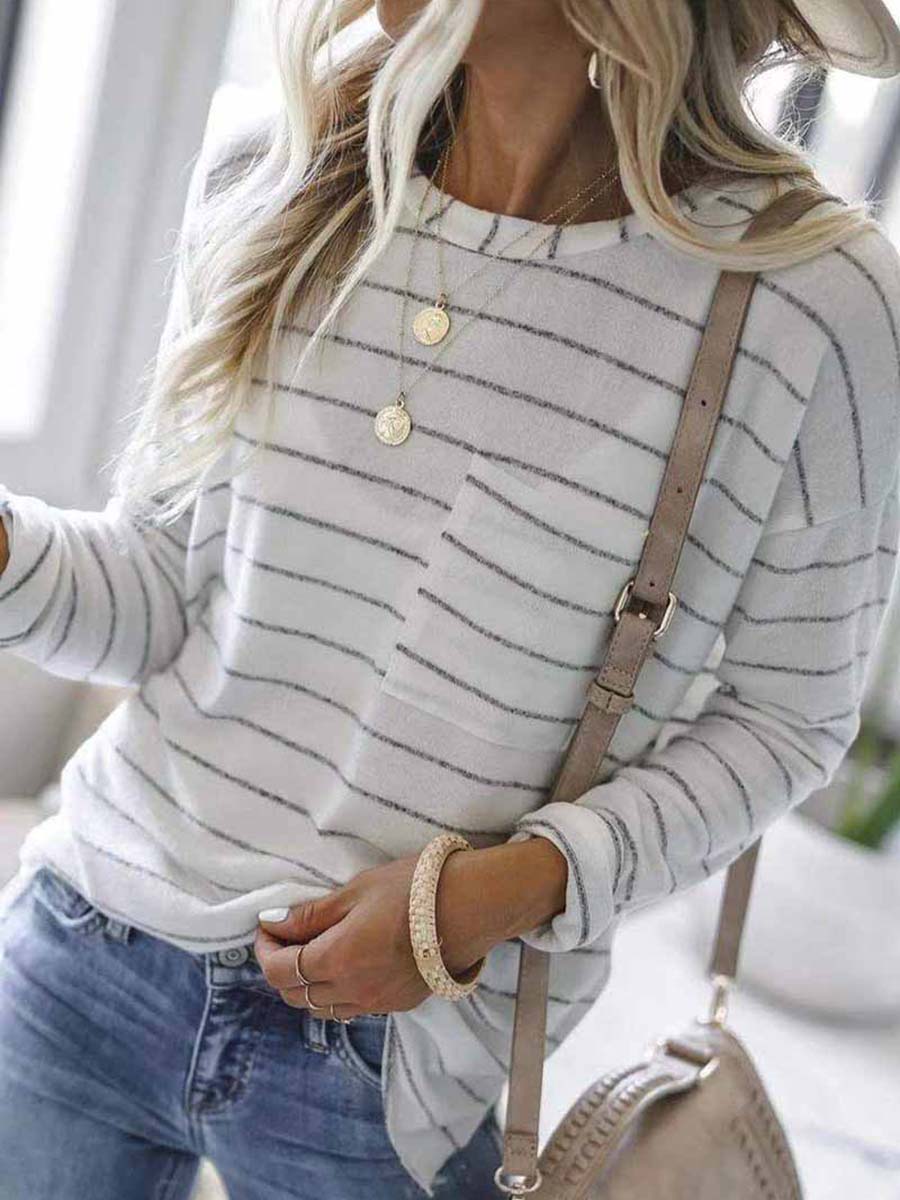 Veleaee Striped Long Sleeve T-shirt With Pocket