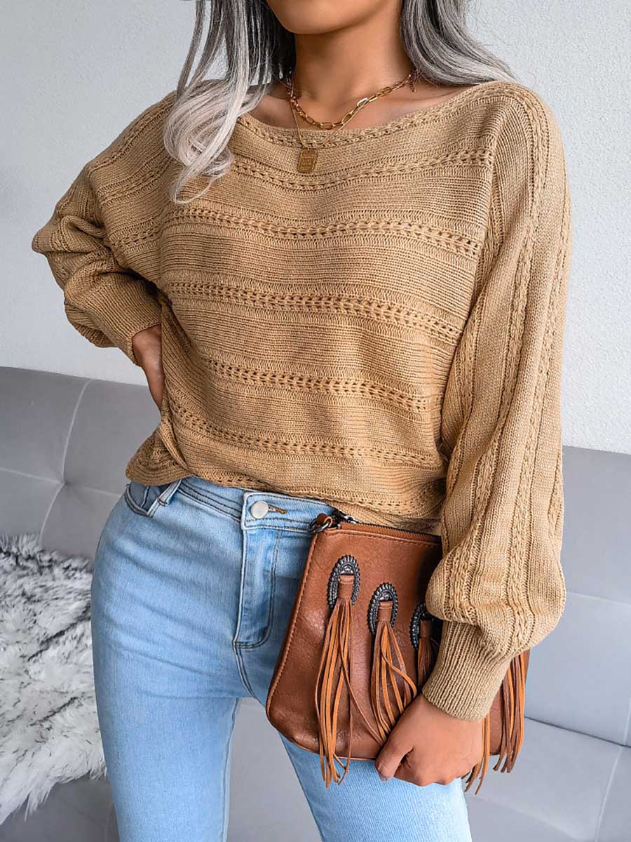 Veleaee Casual Pierced Patchwork Off the Shoulder Sweater(3 Colors)