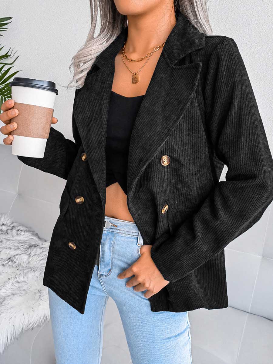 Veleaee Solid Color Corduroy Fashion Double-Breasted Jacket