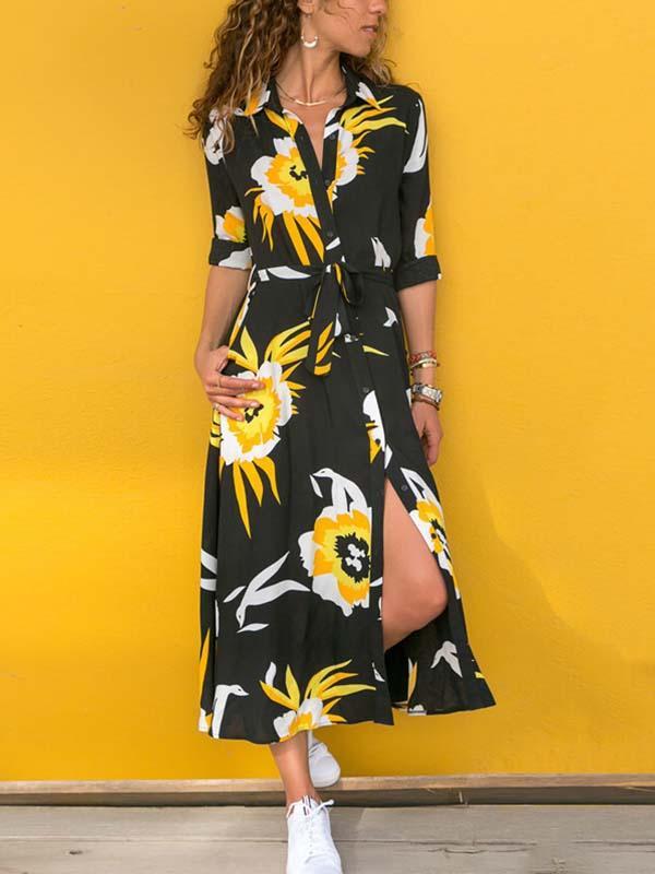 Veleaee Printed V-neck Belt Dress