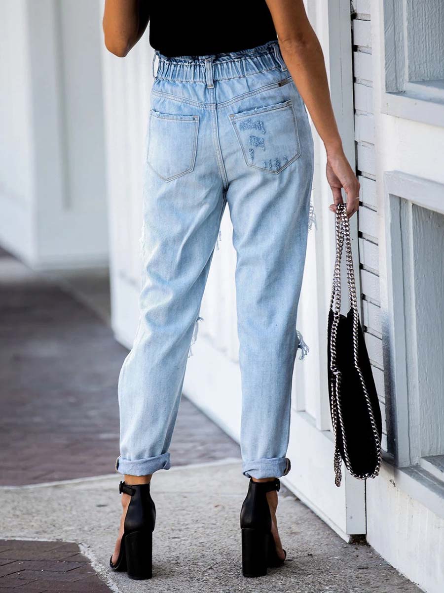Elastic Waist Torn Straight Jeans